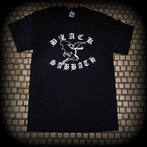 Black Sabbath- Flying Demon Between Arched Old English Logo- T-Shirt - Two Sided Print